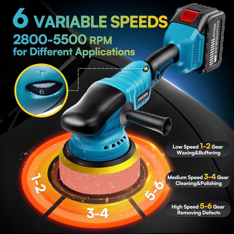 Vkdemer مُعزز مُلمع السيارة اللاسلكي مع بطارية 21V 2×4000mAh، مجموعة مُلمع بدون فرش 6 إنش، مُلمع مداري 600W مع 6 سرعات متغيرة لتفاصيل السيارة، تلميع وإزالة الخدوش - Image 4
